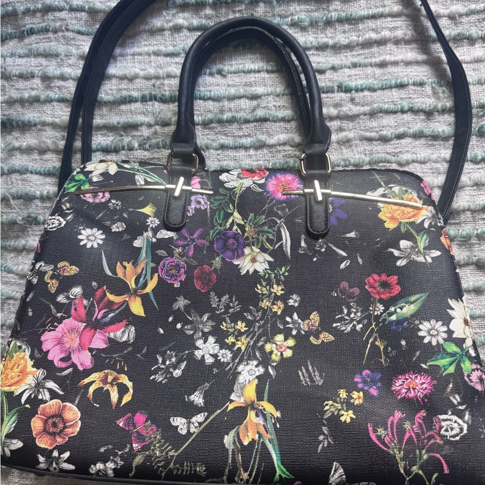 Floral Print Black Purse with Top Handles & Long Strap